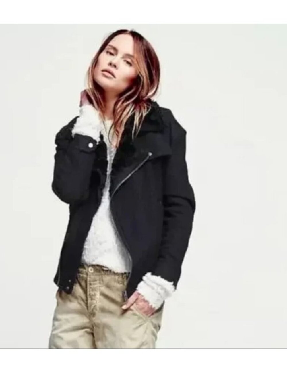 Free People Faux Fur Wool Blend Moto Jacket Coat Size S